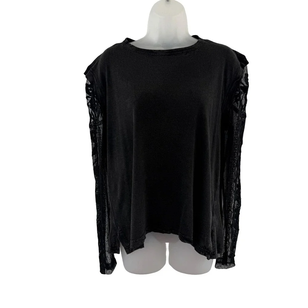 Free People Shirt Womens S Black Sheer Lace Embroidered Sleeve Top Whimsigoth
